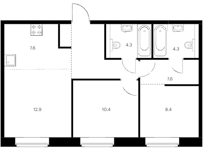 2-комнатная квартира 59.7 м², 1/9 эт., ЖК «Лермонтовский 54»